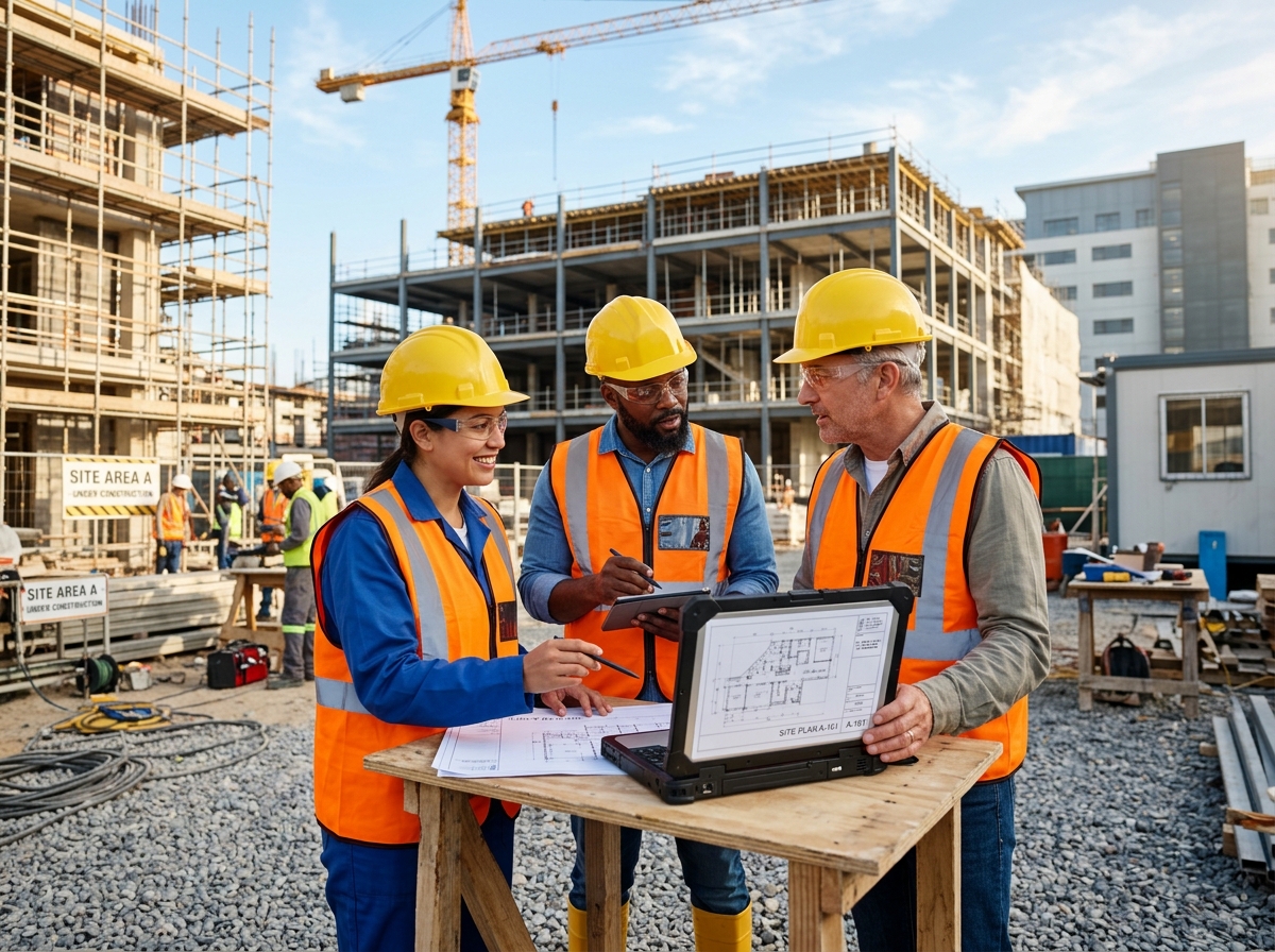 Engineers discussing project plans on construction site
