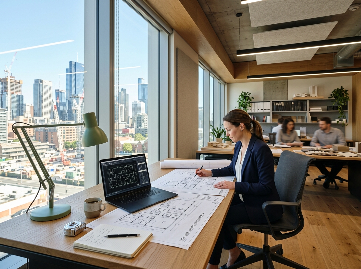 Modern construction office with blueprints and planning workspace